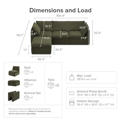 Oversized Modular Sectional Sofa with Fully Removable Covers and Storage, Convertible U, L-Shaped and Sleeper Sectional, Modern Couches with Ottoman Chaise (Olive Green Velvet, 4 Seats, L)