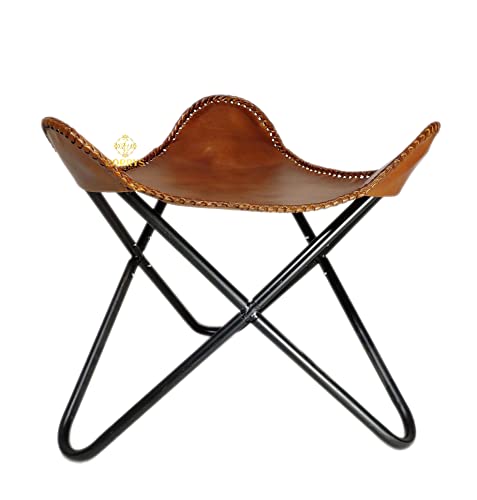 Brown Leather Butterfly Chair Stool Handmade Leather Ottoman Iron Frame Furniture Stool Living Room Comfortable Footrest Foot Stool - Lounge Office Stool