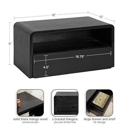 Kato Modern Wood Floating Side Table with Drawer, 18 x 10 x 9, Black, Contemporary Wooden Floating Nightstand for Bedroom Bedside Table