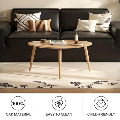 Small Oval Coffee Table, 33.5" Mid Century Modern Coffee Table for Living Room, 100% Solid Oak Wood Side Table, Center Table (Original Wood Color, 33.46''Wx22.83''Dx15.74''H)