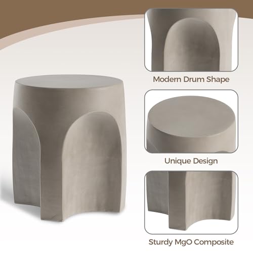 Concrete Side Table Drum Shape,17''H Outdoor Side Table, Patio Accent Table Cement End Tables, Garden Decorative Stool, Plant Stand Drum Table, Grey