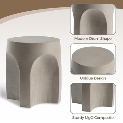 Concrete Side Table Drum Shape,17''H Outdoor Side Table, Patio Accent Table Cement End Tables, Garden Decorative Stool, Plant Stand Drum Table, Grey