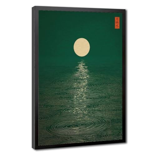 Green Zen Moon Wall Art Emerald Forest Landscape Print Mid Century Modern Minimalist Ripples Poster Oriental Calm Nature Picture for Living Room Bedroom Decor
