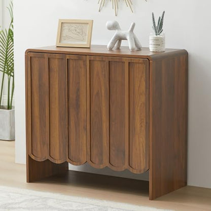 Sideboard Buffet Cabinet, Accent Storage Cabinets with 2 Doors, Farmhouse Wood Cabinet with Adjustable Shelves and Wave Panel for Living Room, Dining Room, Entry - Walnut