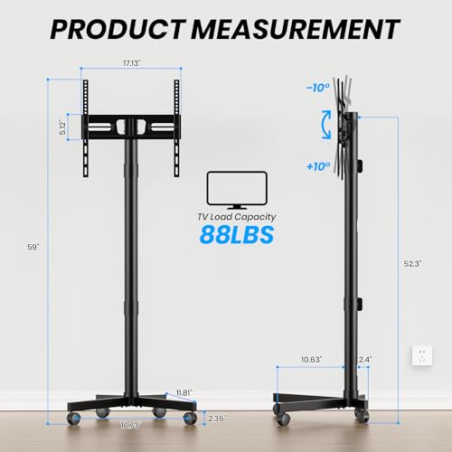 Mobile TV Cart Rolling TV Stand for 23-60 Inch LCD LED Flat Curved Screens up to 88 lbs - Height Adjustable Portable TV Stand on Wheels - Outdoor TV Stand Mount, Max VESA 400x400mm, Black