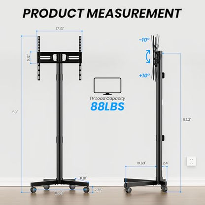 Mobile TV Cart Rolling TV Stand for 23-60 Inch LCD LED Flat Curved Screens up to 88 lbs - Height Adjustable Portable TV Stand on Wheels - Outdoor TV Stand Mount, Max VESA 400x400mm, Black