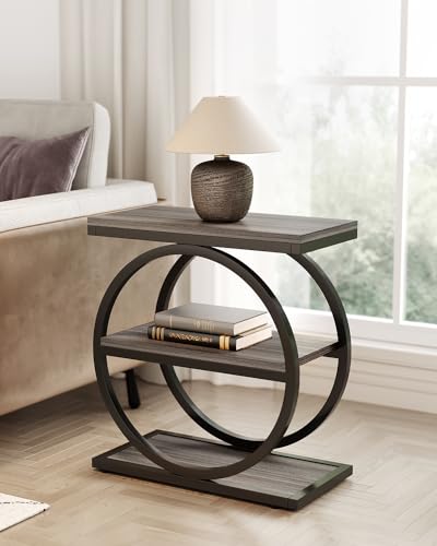 End Table, 3-Tier Side Table, Slim Sofa Side Table for Living Room, Tall Bedside Table Nightstand for Bedroom, Grey and Black
