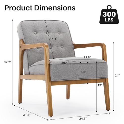 Linen Accent Chair, Mid Century Modern Chair for Living Room, Upholstered Comfy Lounge Armchair with Solid Wood Frame, Reading Side Chair for Bedroom,105°Ergonomic Comfort, Grey