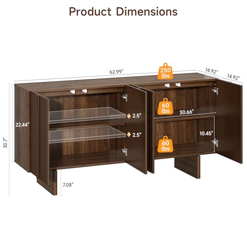 63" Fluted Sideboard Cabinet with Storage Adjustable Shelves Walnut, view 3