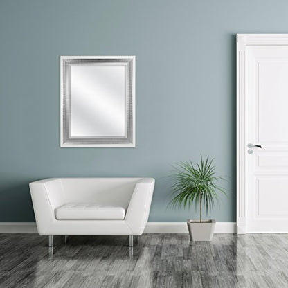 28.5x34.5 Large Wall Mirror, White Frame with Woven Silver Detail & Beveled Detail Mirror, Vertical & Horizontal Wall Hanging Mirror for Bathroom, Bedroom & Livingroom