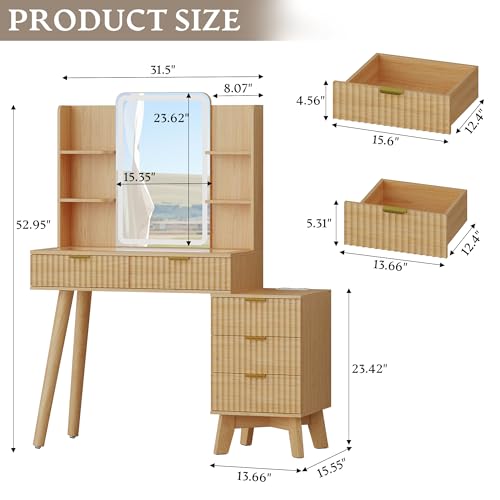 Fluted Vanity Desk with LED Lights Mirror & Charging Station, Oak, view 3