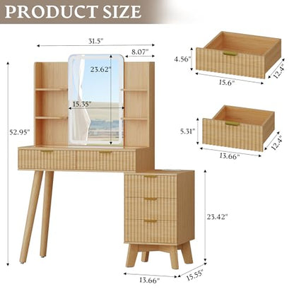 Fluted Vanity Desk with LED Lights Mirror & Charging Station, Oak, view 3