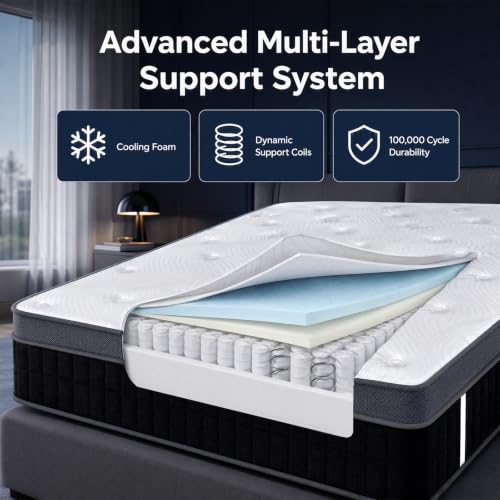 Queen Mattress 12 Inch, Medium Firm Hybrid with Pocket Coils & Cooling Gel, view 5