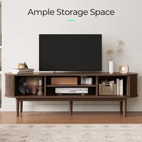 70" Fluted TV Stand for TVs up to 80 Inch, Mid Century Modern Entertainment Center with Storage Cabinet and Sliding Doors, Farmhouse Wood Media TV Console for Living Room, Bedroom, Walnut