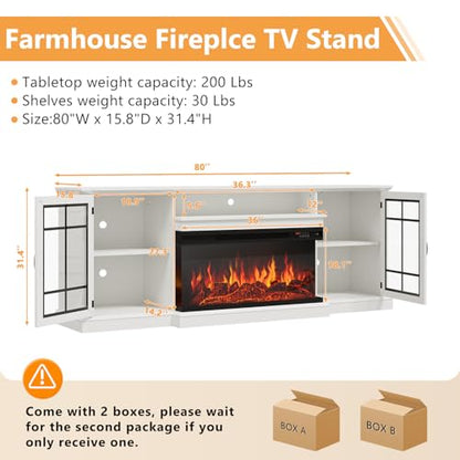 80" Fireplace TV Stand with 3-Sided Glass, TV Cabinet for TVs up to 90", view 3