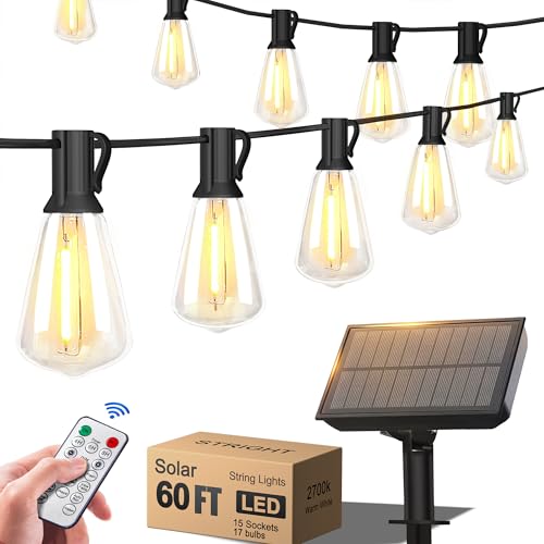 60FT Solar String Lights Outdoor Weatherproof with Remote, Solar Powered LED Edison Bulb 15 Sockets Outdoor String Lights for Outside Patio Backyard Fence Halloween Christmas Decorations