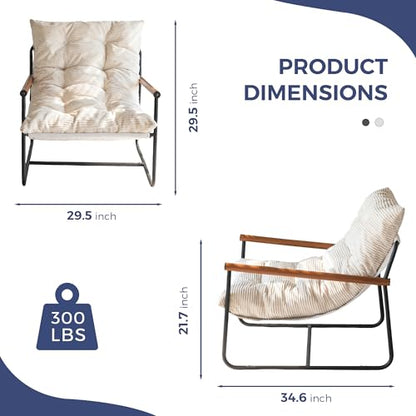 Modern Accent Chair, Comfy Living Room Chair with Metal Frame Wooden Armrest, Upholstered Armchair with Soft Cushion for Bedroom Balcony Lounge Reading Room, Beige