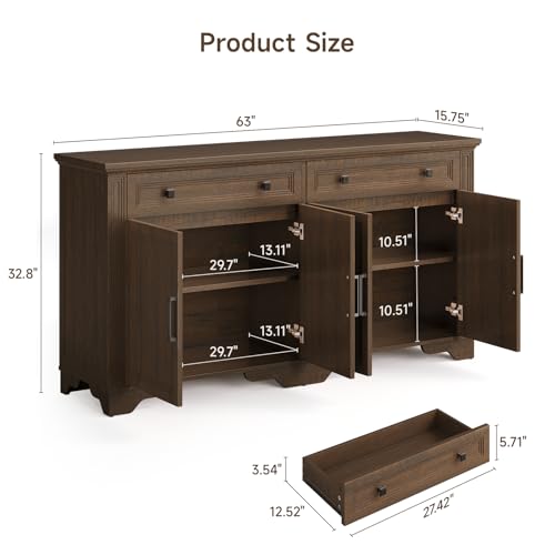 63" Sideboard Buffet Cabinet, Large Credenza with Drawers Walnut, view 4