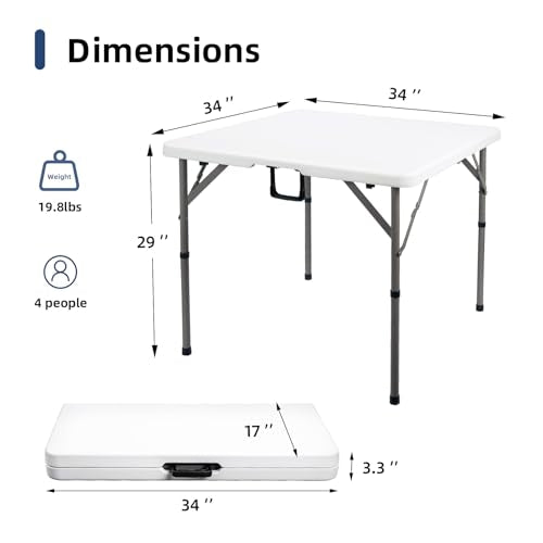 34" Square Folding Card Table, Fold-in-Half Utility Dining Portable Table Heavy Duty HDPE White Plastic Foldable with Carrying Handle Indoor Outdoor for Picnic, Camping, Party