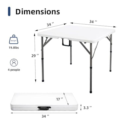 34" Square Folding Card Table, Fold-in-Half Utility Dining Portable Table Heavy Duty HDPE White Plastic Foldable with Carrying Handle Indoor Outdoor for Picnic, Camping, Party