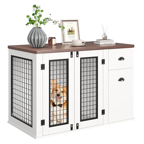 Elegant Wooden Dog Crate Furniture with Double Doors, Storage Drawers, view 2
