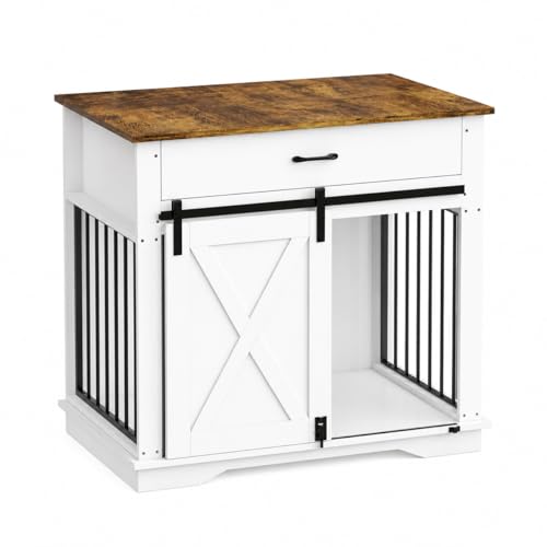 38" Farmhouse White Dog Crate Furniture with Sliding Barn Door, view 2