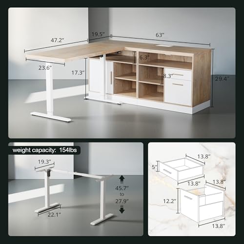 67" L Shaped Standing Desk with Storage, Electric Adjustable Height Executive Desk, Home Office Corner Workstation with 2 File Drawers & Built-in Power Outlets, Light Walnut