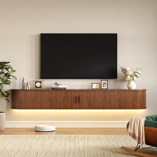 71" Floating TV Stand with Power Outlet for TVs up to 80", Walnut, view 2