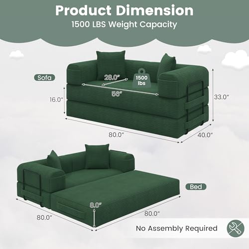 80" Convertible Sofa Bed, 5 in 1 Modular Boneless Couch Sleeper Sofa Bed with Fixed Frame & Removable Backrest Pillow, Washable Corduroy Futon Sofa Bed Couch in a Box for Small Spaces, Dark Green