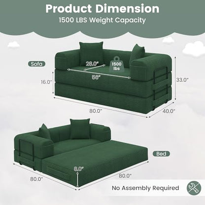 80" Convertible Sofa Bed, 5 in 1 Modular Boneless Couch Sleeper Sofa Bed with Fixed Frame & Removable Backrest Pillow, Washable Corduroy Futon Sofa Bed Couch in a Box for Small Spaces, Dark Green