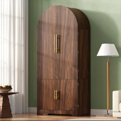 72" Tall Arched Cabinet Kitchen Pantry with 4 Doors, Fluted Storage Cabinets with 3 Adjustable Shelves & 1 Hidden Drawer & 8 Door Shelves, Versatile Cupboard for Kitchen, Dining Room, Brown