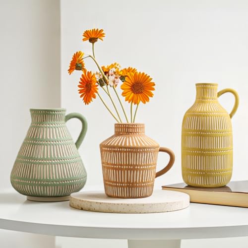 Boho Ceramic Vase Set of 3 for Living Room Bedroom Modern Yellow Brown Green, view 2