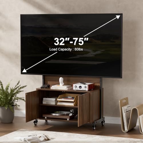 Rolling TV Stand with Mount for 32-75 Inch, Walnut, view 5
