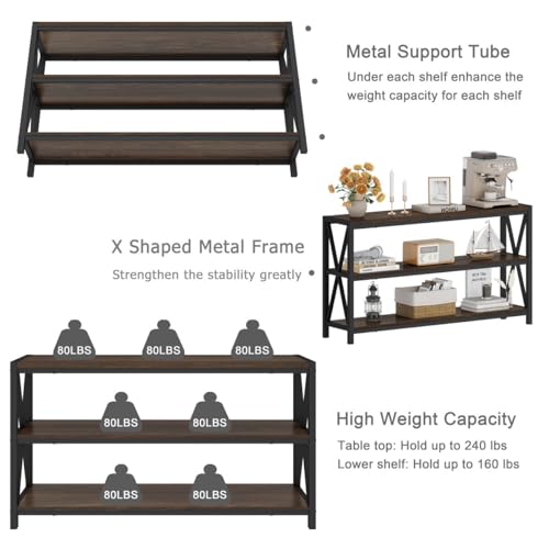 Console Table for Entryway, Modern Entry Table with 3 Tier Shelves, Couch Tables Behind Sofa for Living Room (55 Inch, Dark Walnut)