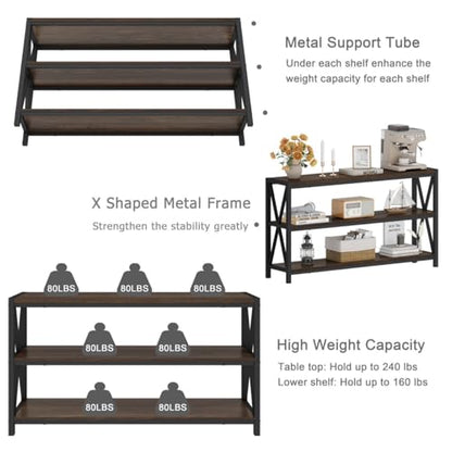 Console Table for Entryway, Modern Entry Table with 3 Tier Shelves, Couch Tables Behind Sofa for Living Room (55 Inch, Dark Walnut)