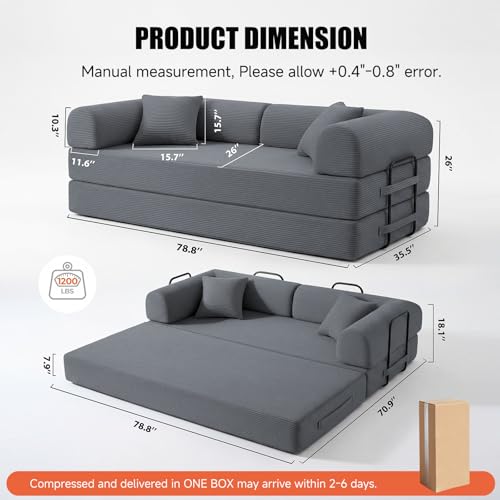 79" Boneless Couch,6-in-1 Convertible Sofa Bed,Corduroy Sleeper Sofa Bed with Pillows,Modular Foldable Floor Loveseat, Boneless Couches for Living Room, Bedroom, Lounge, Studio (Dark Gray)