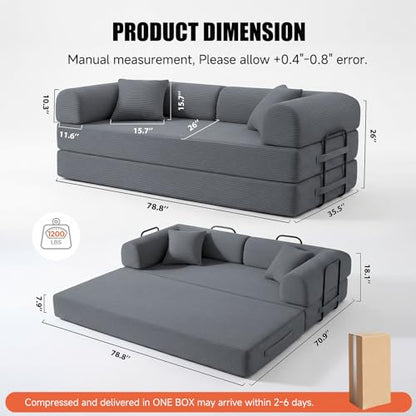79" Boneless Couch,6-in-1 Convertible Sofa Bed,Corduroy Sleeper Sofa Bed with Pillows,Modular Foldable Floor Loveseat, Boneless Couches for Living Room, Bedroom, Lounge, Studio (Dark Gray)