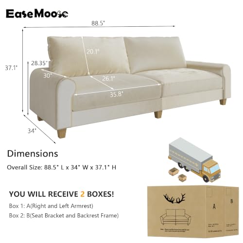 88.5" Large Seat Velvet Loveseat Sofa, Deep Seat Couches for Living Room & Small Space, Comfy Love Seat Couch with Removable Washable Cover, Beige