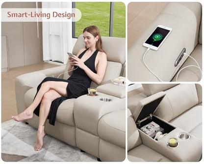 Power Recliner Sectional Sofa with Storage/USB Port, Leather Recliner Sofa with Adjustable Headrest, Reclining Sectional Couches with Console and Cup Holder for Living Room (Beige Brown)