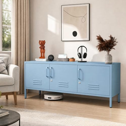 Blue Industrial Metal TV Stand with Lockable Storage Cabinet, view 2