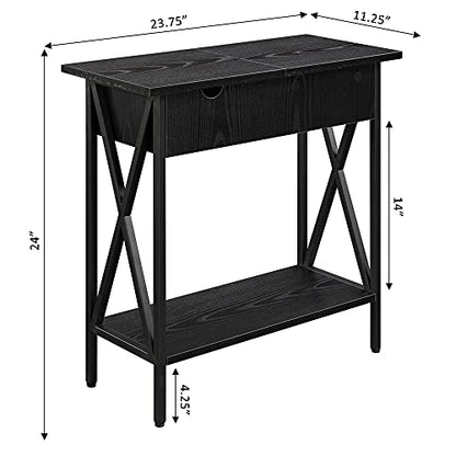 Tucson Flip Top End Table with Charging Station 23.75" - Modern Living Room Table with Storage Shelf, Side Table Side Table, Black/Black