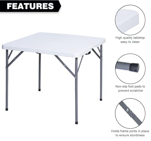 34" Square Folding Table, Fold-in-Half Utility Dining Portable Table Heavy Duty HDPE Plastic Foldable with Carrying Handle Indoor Outdoor for Picnic, Party