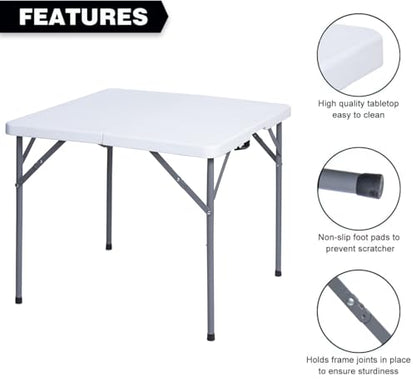 34" Square Folding Table, Fold-in-Half Utility Dining Portable Table Heavy Duty HDPE Plastic Foldable with Carrying Handle Indoor Outdoor for Picnic, Party