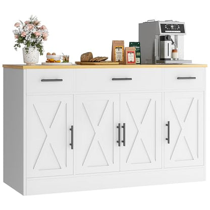 Buffet Cabinet with Storage, Farmhouse Coffee Bar Cabinet with Drawers, 53” Large Modern Sideboard Buffet with Adjustable Shelves for Kitchen, Dining Room, White