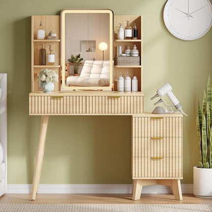 Fluted Makeup Vanity Desk with Mirror and Lights, view 2