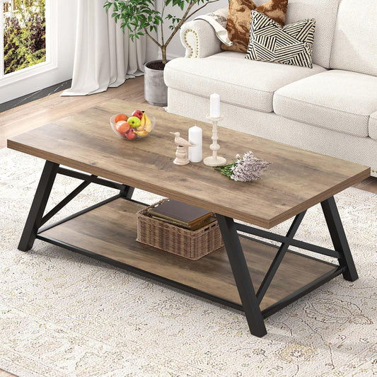 Modern Coffee Table, Rectangle Center Table for Living Room with Storage Shelf, Industrial Wood and Metal Cocktail Tea Table, Rustic Oak, 47 Inch