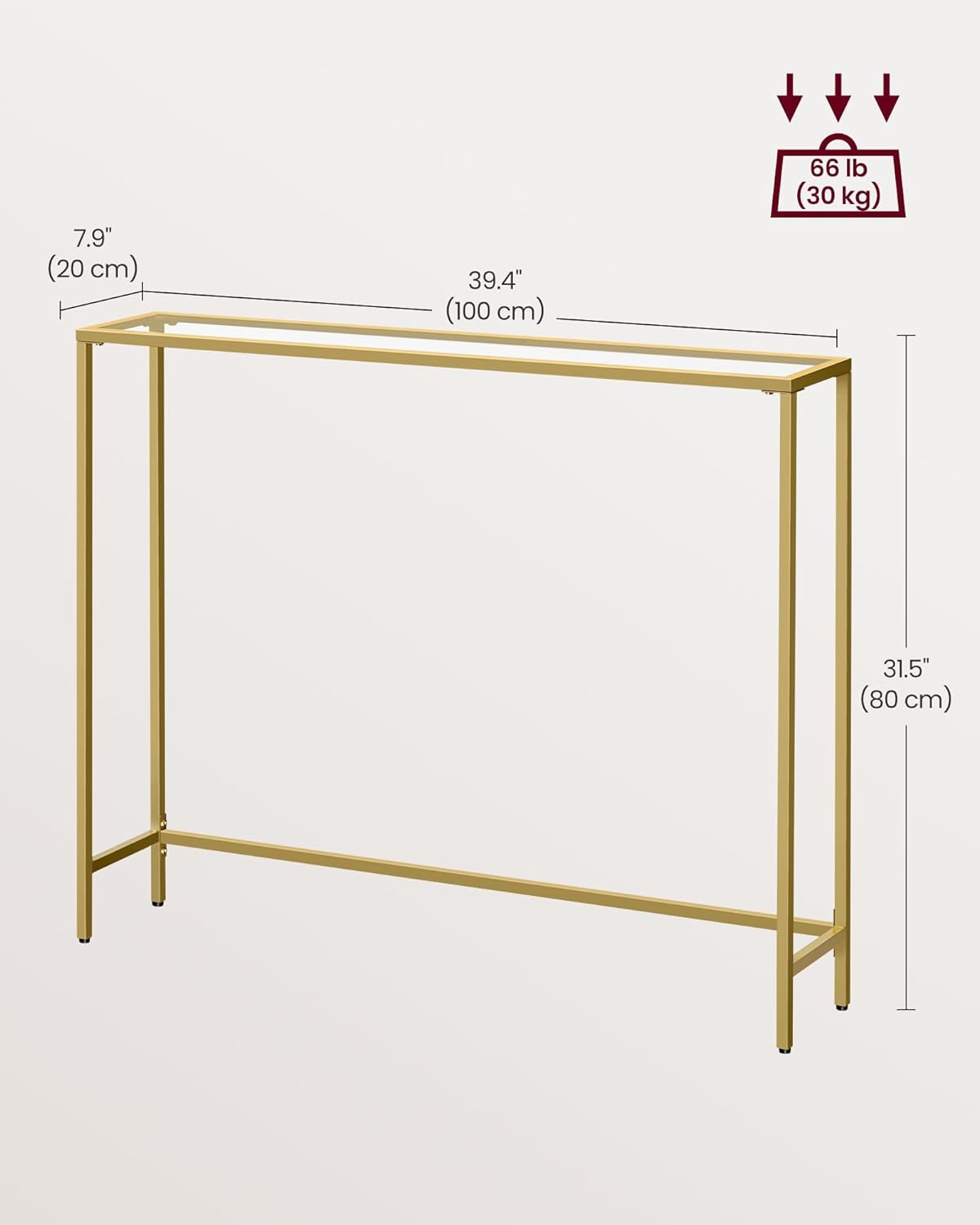 Entryway Table, Console Table, Tempered Glass Tabletop, Modern Sofa Table, Easy Assembly, with Adjustable Feet, for Living Room, Entryway, Pale Gold and Transparent ULGT132A01