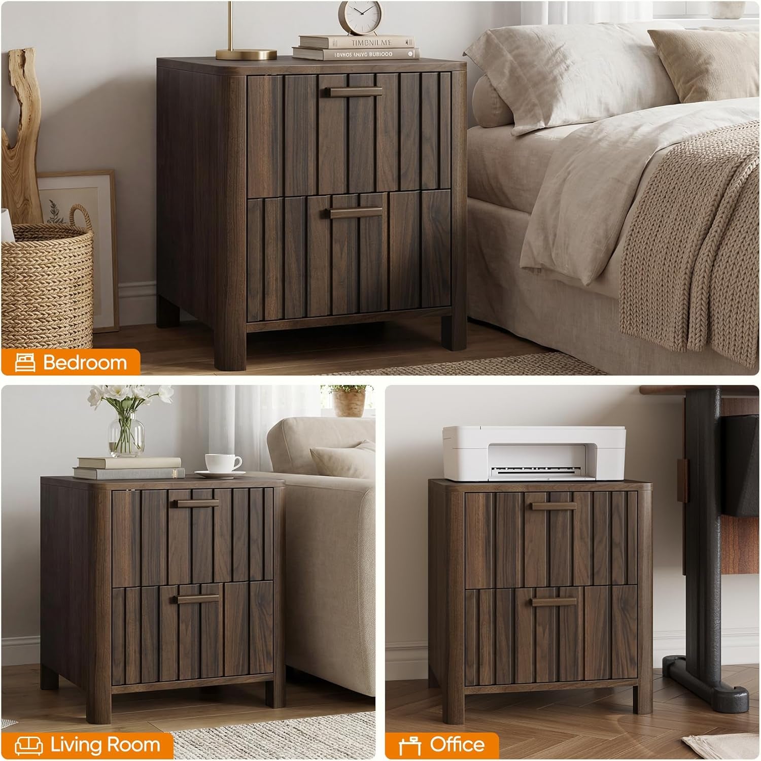 Mid Century Modern Nightstand with 2 Drawers, Fluted Design Bedside Table with Storage, Walnut Finish Night Stand for Bedroom, Study Room