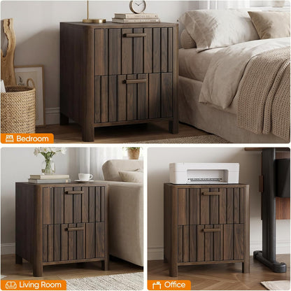 Mid Century Modern Nightstand with 2 Drawers, Fluted Design Bedside Table with Storage, Walnut Finish Night Stand for Bedroom, Study Room