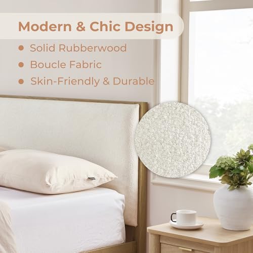 CHITA Queen Size Platform Bed Frame, with Boucle Upholstered Headboard, Oak, view 5